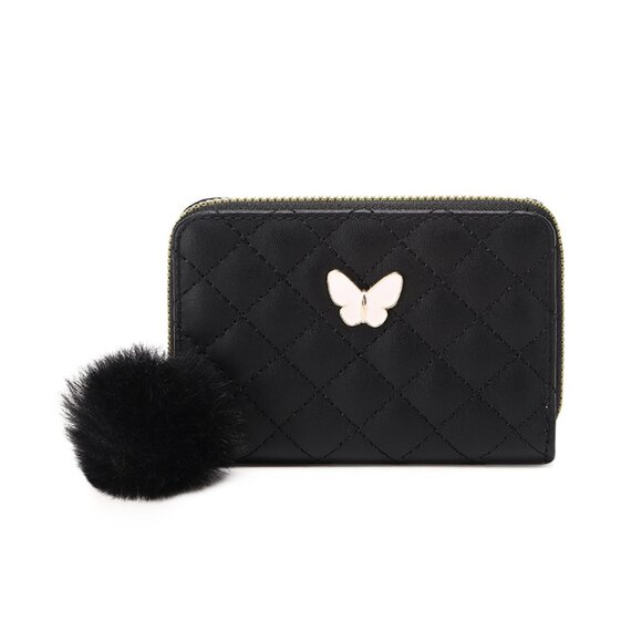 $5 ADD ON ITEM- Mini Black Quilted Wallet Butterfly Charm & Pom Pom Zipper Coin - Picture 5 of 5